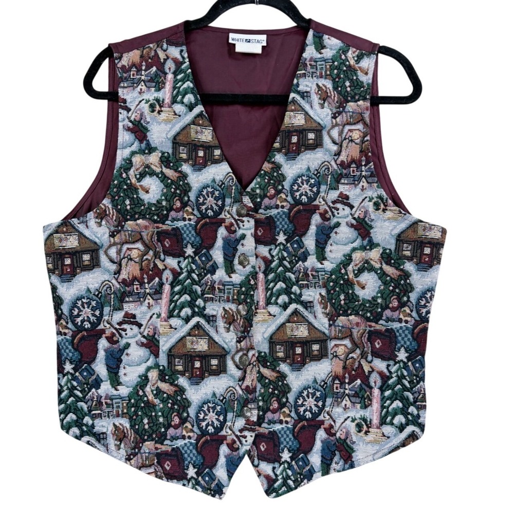 White Stag Tapestry Vest Women Large Burgundy Vintage Christmas Winter Cabin